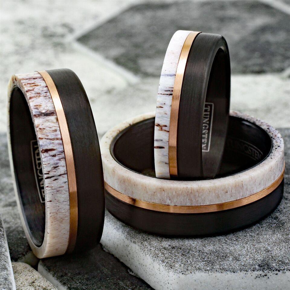6mm Tungsten Carbide Wedding Band Rings for Men & Women – Deer Antler & Rose Gold Line Design - Jewelry Store by Erik Rayo