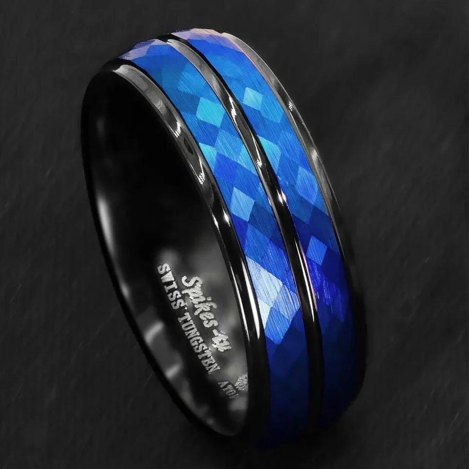 Tungsten Rings for Men Wedding Bands for Him Womens Wedding Bands for Her 8mm Black Blue Brushed Crystal Skin - Jewelry Store by Erik Rayo
