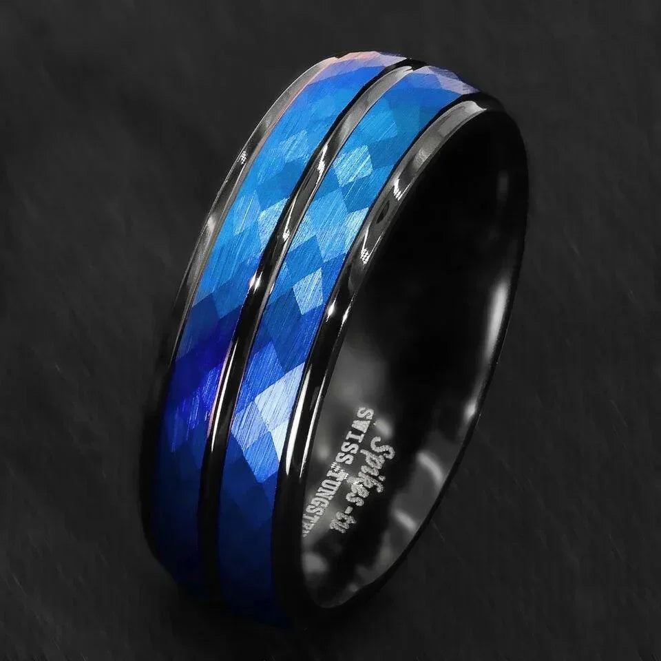 Tungsten Rings for Men Wedding Bands for Him Womens Wedding Bands for Her 8mm Black Blue Brushed Crystal Skin - Jewelry Store by Erik Rayo