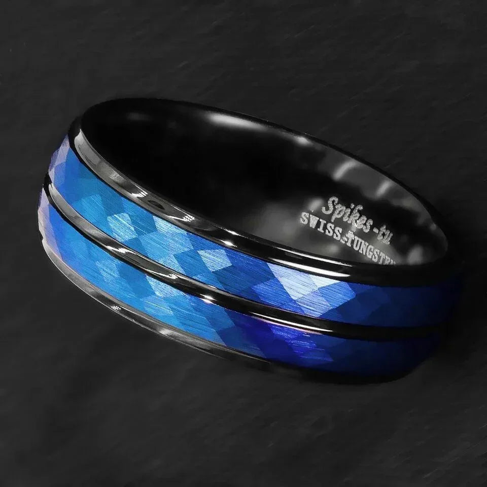 Tungsten Rings for Men Wedding Bands for Him Womens Wedding Bands for Her 8mm Black Blue Brushed Crystal Skin - Jewelry Store by Erik Rayo