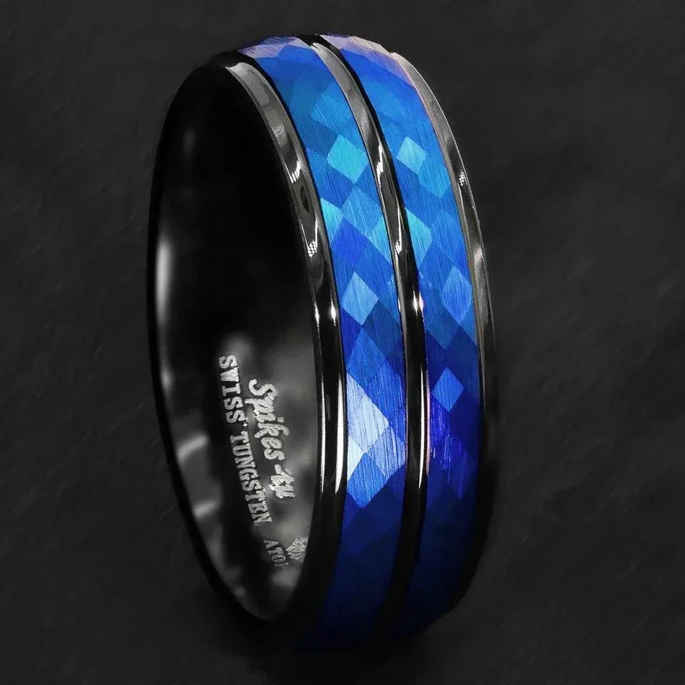 Tungsten Rings for Men Wedding Bands for Him Womens Wedding Bands for Her 8mm Black Blue Brushed Crystal Skin - Jewelry Store by Erik Rayo