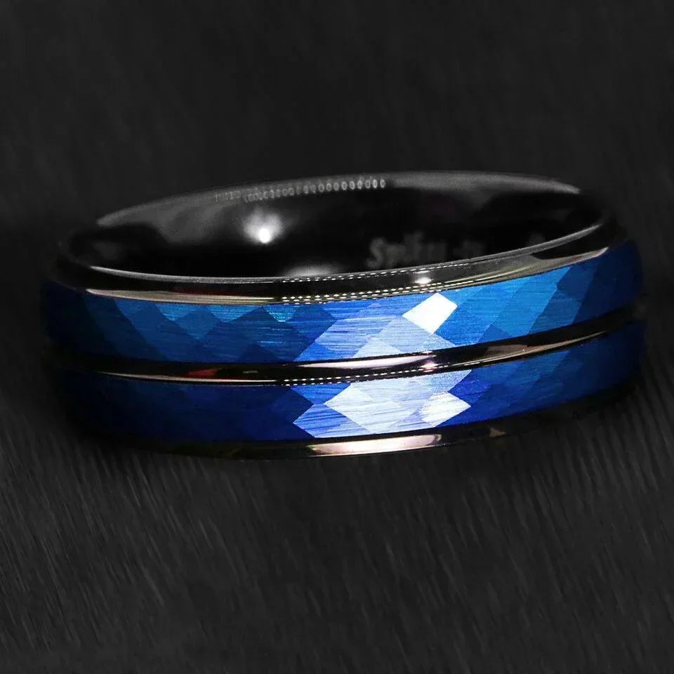 Tungsten Rings for Men Wedding Bands for Him Womens Wedding Bands for Her 8mm Black Blue Brushed Crystal Skin - Jewelry Store by Erik Rayo