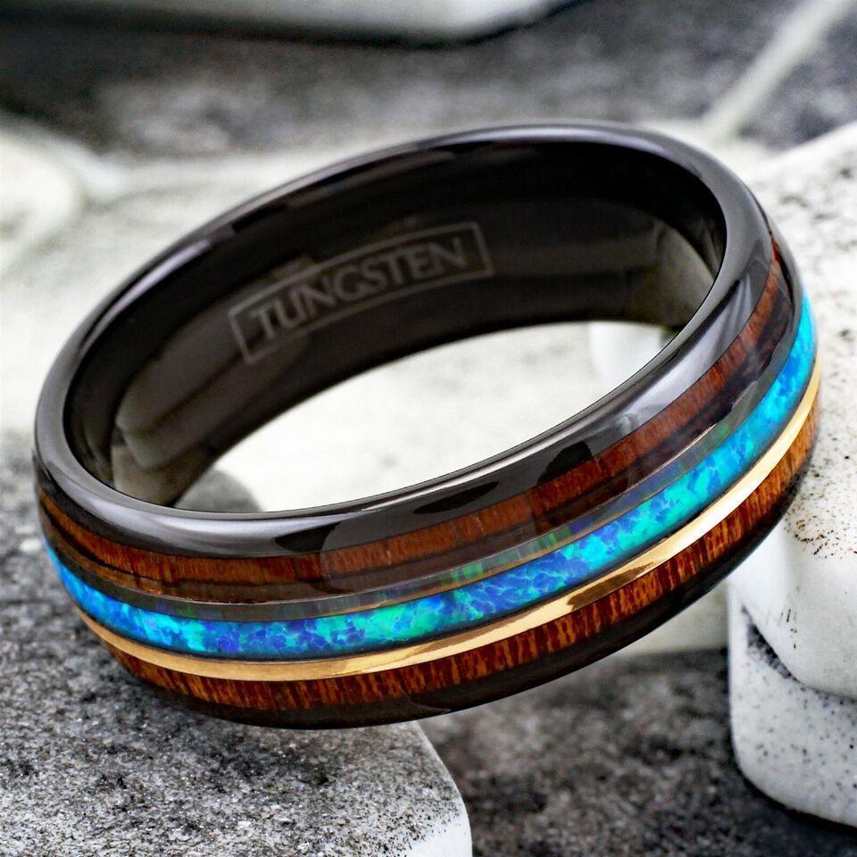 Men's Black Tungsten Wedding Band with Koa Wood and Blue Opal Stripe - Men's Rings for Weddings - Jewelry Store by Erik Rayo