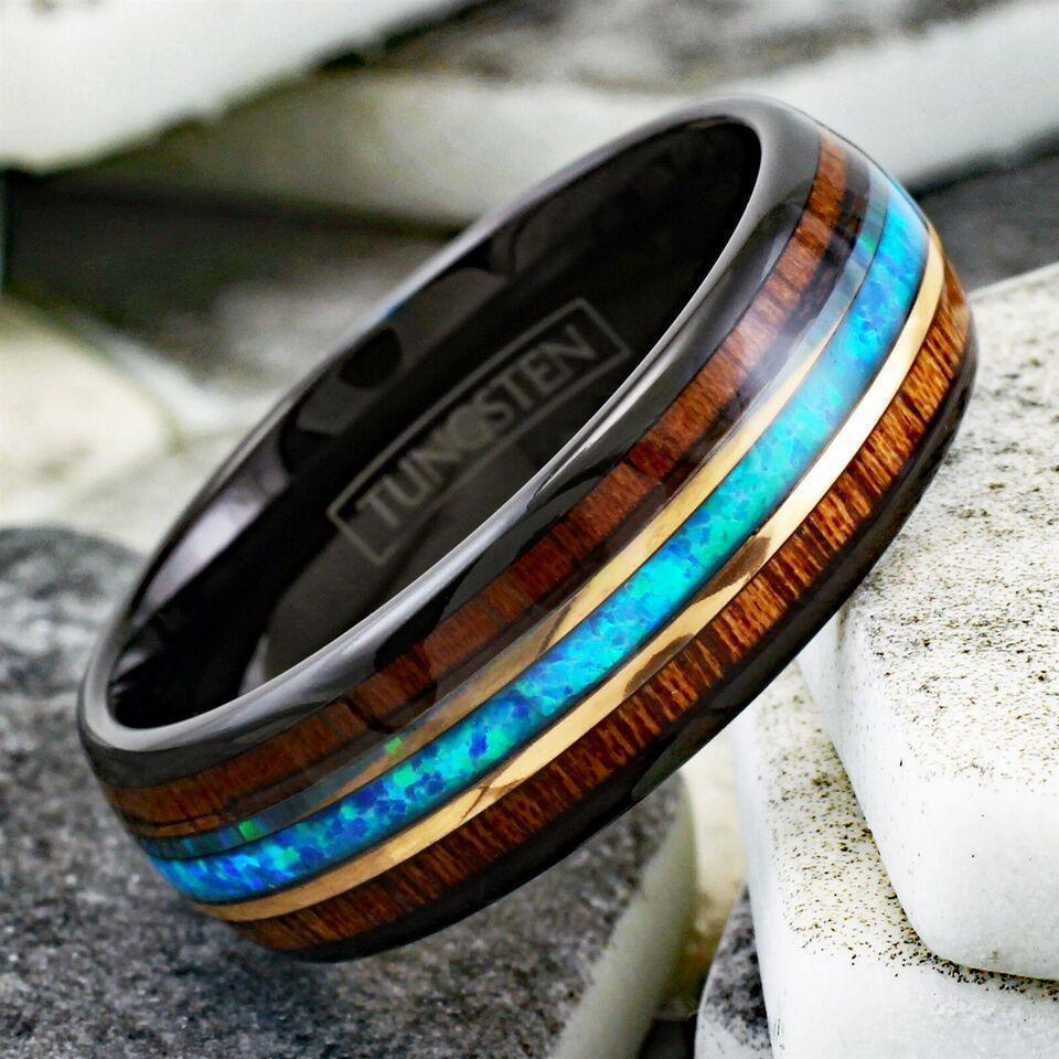 Men's Black Tungsten Wedding Band with Koa Wood and Blue Opal Stripe - Men's Rings for Weddings - Jewelry Store by Erik Rayo