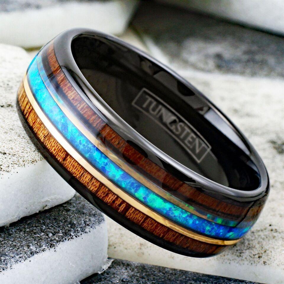 Men's Black Tungsten Wedding Band with Koa Wood and Blue Opal Stripe - Men's Rings for Weddings - Jewelry Store by Erik Rayo