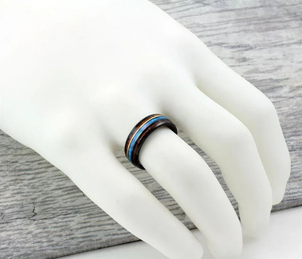 Men's Black Tungsten Wedding Band with Koa Wood and Blue Opal Stripe - Men's Rings for Weddings - Jewelry Store by Erik Rayo