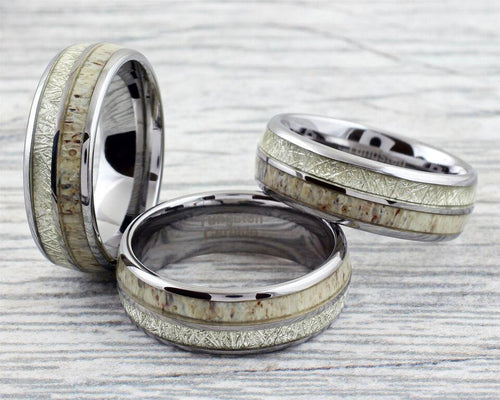 6mm Silver Tungsten Wedding Band Rings for Men & Women – Deer Antler & White Meteorite Inlay Design - Jewelry Store by Erik Rayo