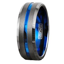 Load image into Gallery viewer, Men&#39;s Wedding Band Ring Gunmetal Deep Grey with Blue Line - Wedding Rings for Men and Women
