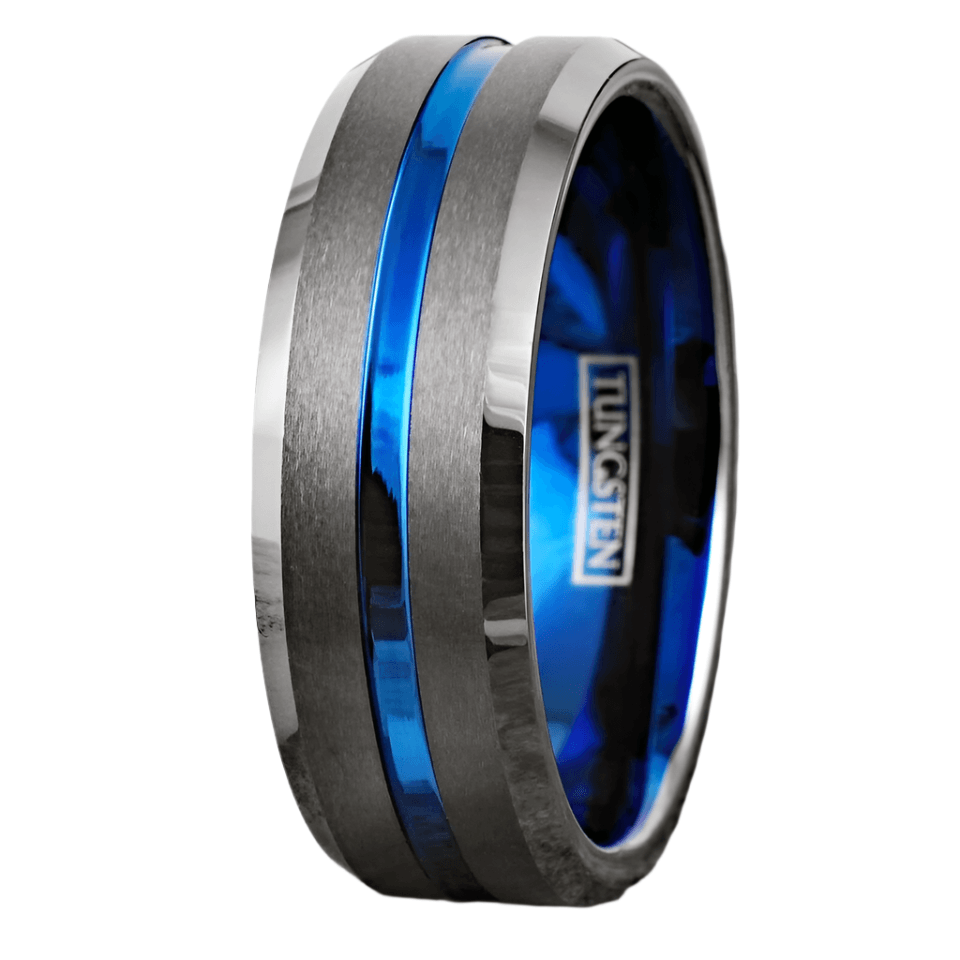 Men's Wedding Band Ring Gunmetal Deep Grey with Blue Line - Wedding Rings for Men and Women