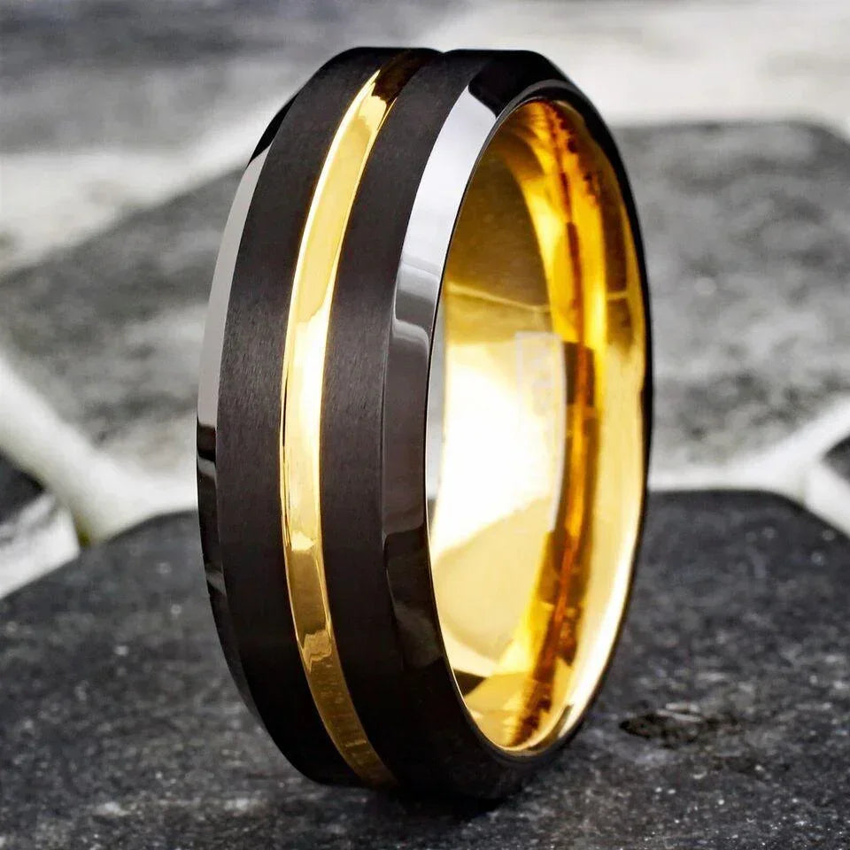 6mm Tungsten Carbide Wedding Bands for Men & Women – Black & Yellow Gold Design - Jewelry Store by Erik Rayo