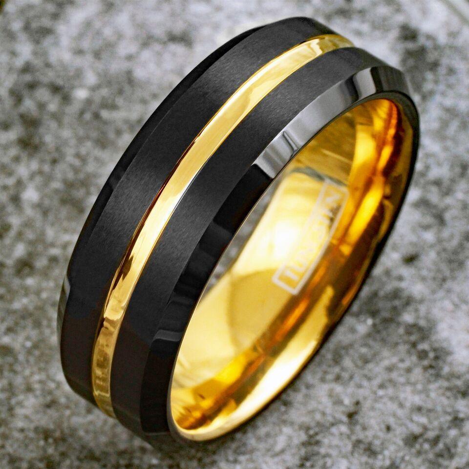 6mm Tungsten Carbide Wedding Bands for Men & Women – Black & Yellow Gold Design - Jewelry Store by Erik Rayo