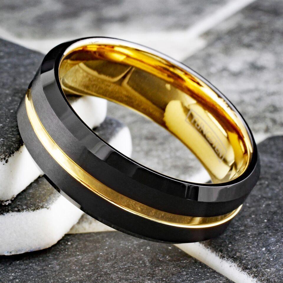 6mm Tungsten Carbide Wedding Bands for Men & Women – Black & Yellow Gold Design - Jewelry Store by Erik Rayo