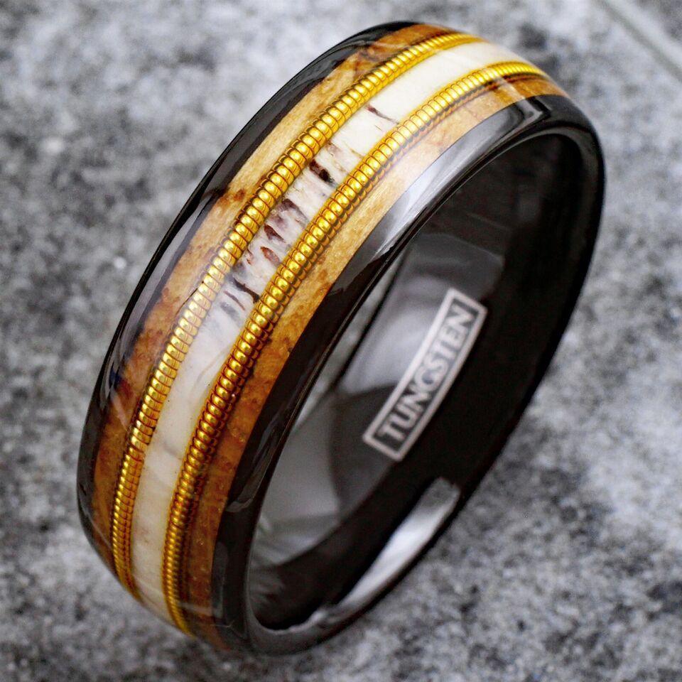 Men's Wedding Band Rings - Black Deer Antler Whiskey Barrel Guitar String - Wedding Rings for Men and Women - Jewelry Store by Erik Rayo