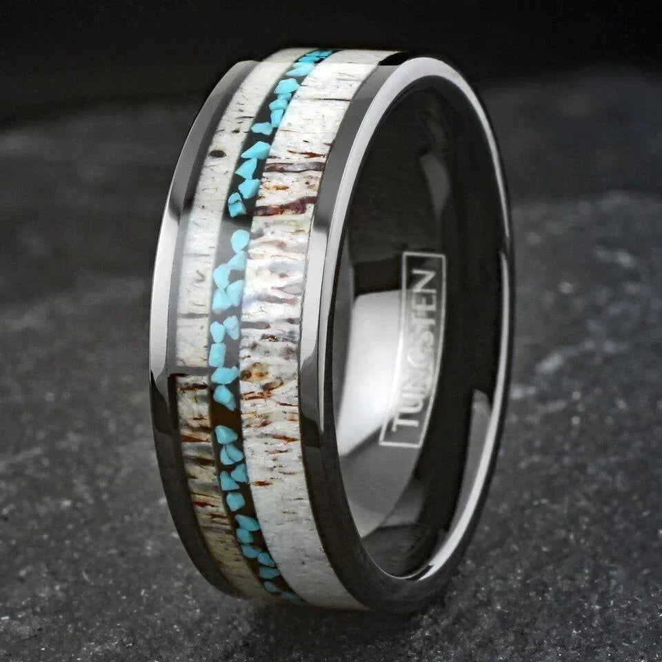 Men's Black Tungsten Carbide Wedding Band with Deer Antler and Turquoise Inlay - Men's Rings for Weddings - Jewelry Store by Erik Rayo