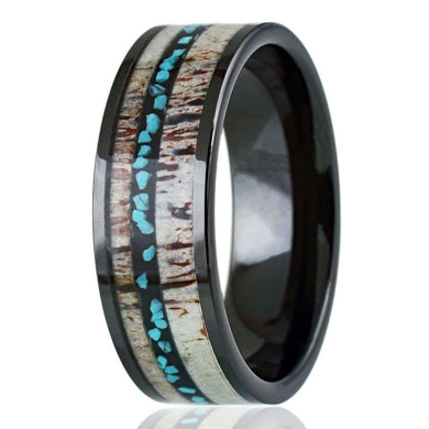 Men's Black Tungsten Carbide Wedding Band with Deer Antler and Turquoise Inlay - Men's Rings for Weddings