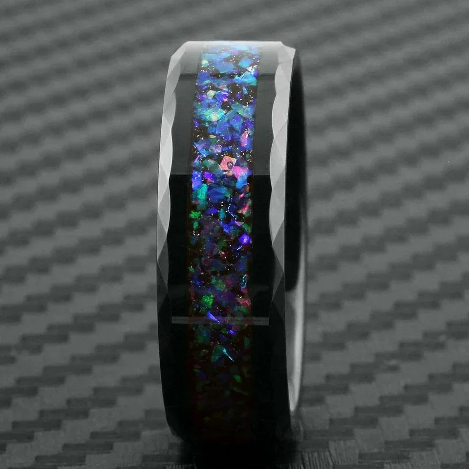 Men's Wedding Band Ring - Black Opal Stripe Celestial Galaxy Multi-Faceted Edge - Wedding Rings for Men and Women - Jewelry Store by Erik Rayo