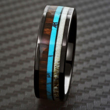 Load image into Gallery viewer, Men&#39;s Wedding Band Ring - Black Deer Antler, Turquoise, Koa Wood - Unique Wedding Ring for Men and Women
