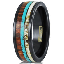 Load image into Gallery viewer, Men&#39;s Wedding Band Ring - Black Deer Antler, Turquoise, Koa Wood - Unique Wedding Ring for Men and Women
