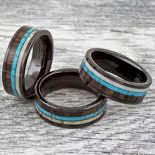 Load image into Gallery viewer, Men&#39;s Wedding Band Ring - Black Deer Antler, Turquoise, Koa Wood - Unique Wedding Ring for Men and Women
