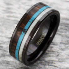 Load image into Gallery viewer, Men&#39;s Wedding Band Ring - Black Deer Antler, Turquoise, Koa Wood - Unique Wedding Ring for Men and Women
