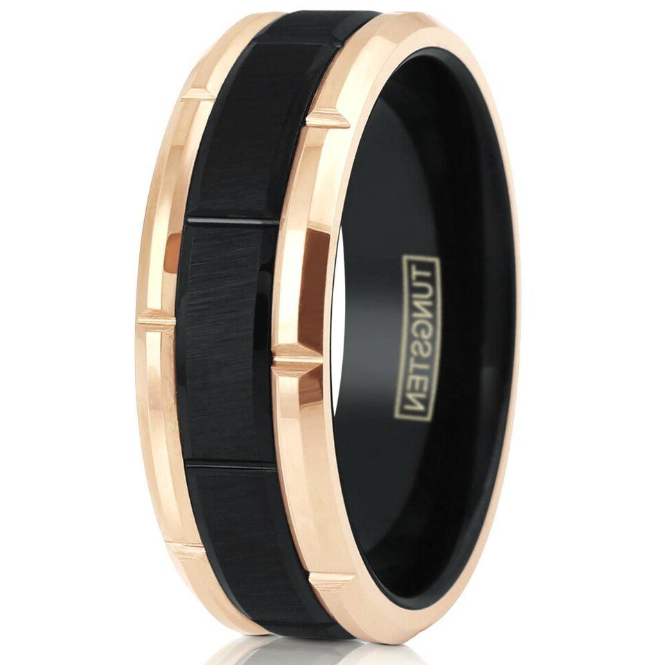 Men's Wedding Band Rings - Black Brushed with Rose Gold Plated Edge - Grooved Design for Men and Women