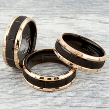 Load image into Gallery viewer, Men&#39;s Wedding Band Rings - Black Brushed with Rose Gold Plated Edge - Grooved Design for Men and Women
