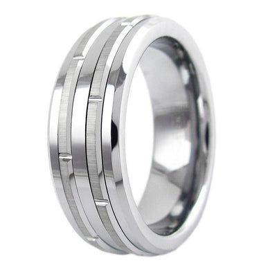 Men's Wedding Band - Silver Grooved Brushed Stripes - Rings for Men and Women