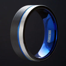 Load image into Gallery viewer, Men&#39;s Wedding Band Ring - Black, Silver, and Blue Stripe - Men&#39;s and Women&#39;s Wedding Rings
