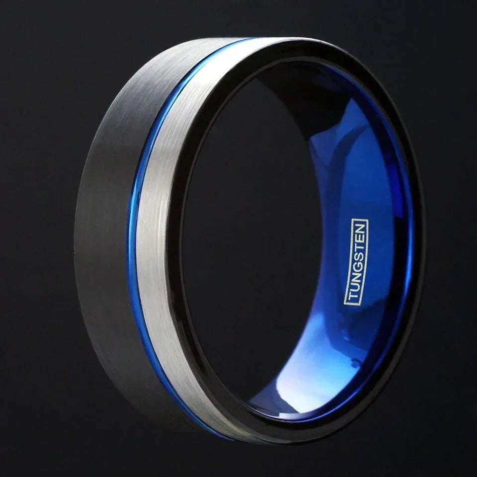 6mm Tungsten Carbide Wedding Band Ring for Men & Women – Black & Silver with Blue Stripe Design - Jewelry Store by Erik Rayo