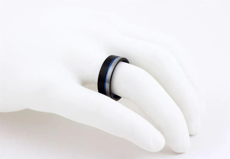 6mm Tungsten Carbide Wedding Band Ring for Men & Women – Black & Silver with Blue Stripe Design - Jewelry Store by Erik Rayo