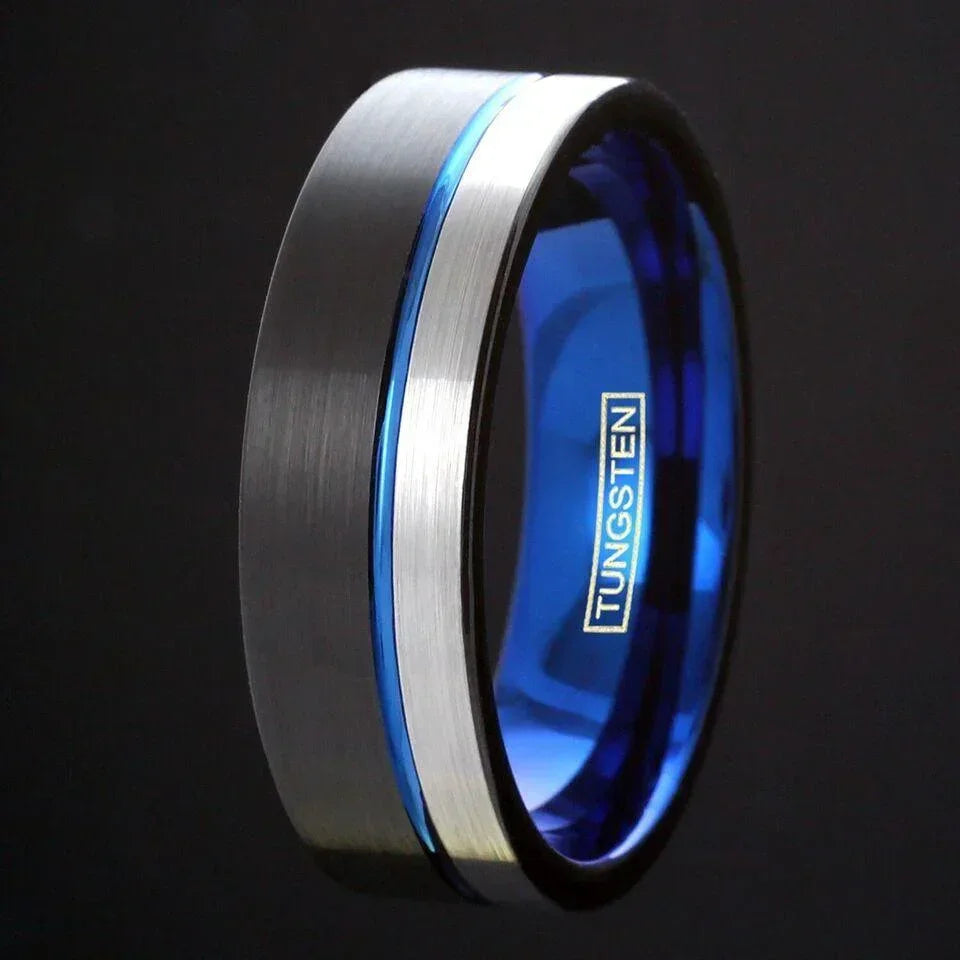 6mm Tungsten Carbide Wedding Band Ring for Men & Women – Black & Silver with Blue Stripe Design - Jewelry Store by Erik Rayo