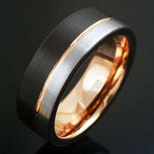 Load image into Gallery viewer, Men&#39;s Wedding Band 6mm Silver Black with Off-Center Rose Gold - Rings for Men and Women
