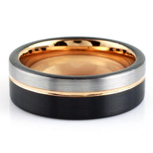 Load image into Gallery viewer, Men&#39;s Wedding Band 6mm Silver Black with Off-Center Rose Gold - Rings for Men and Women
