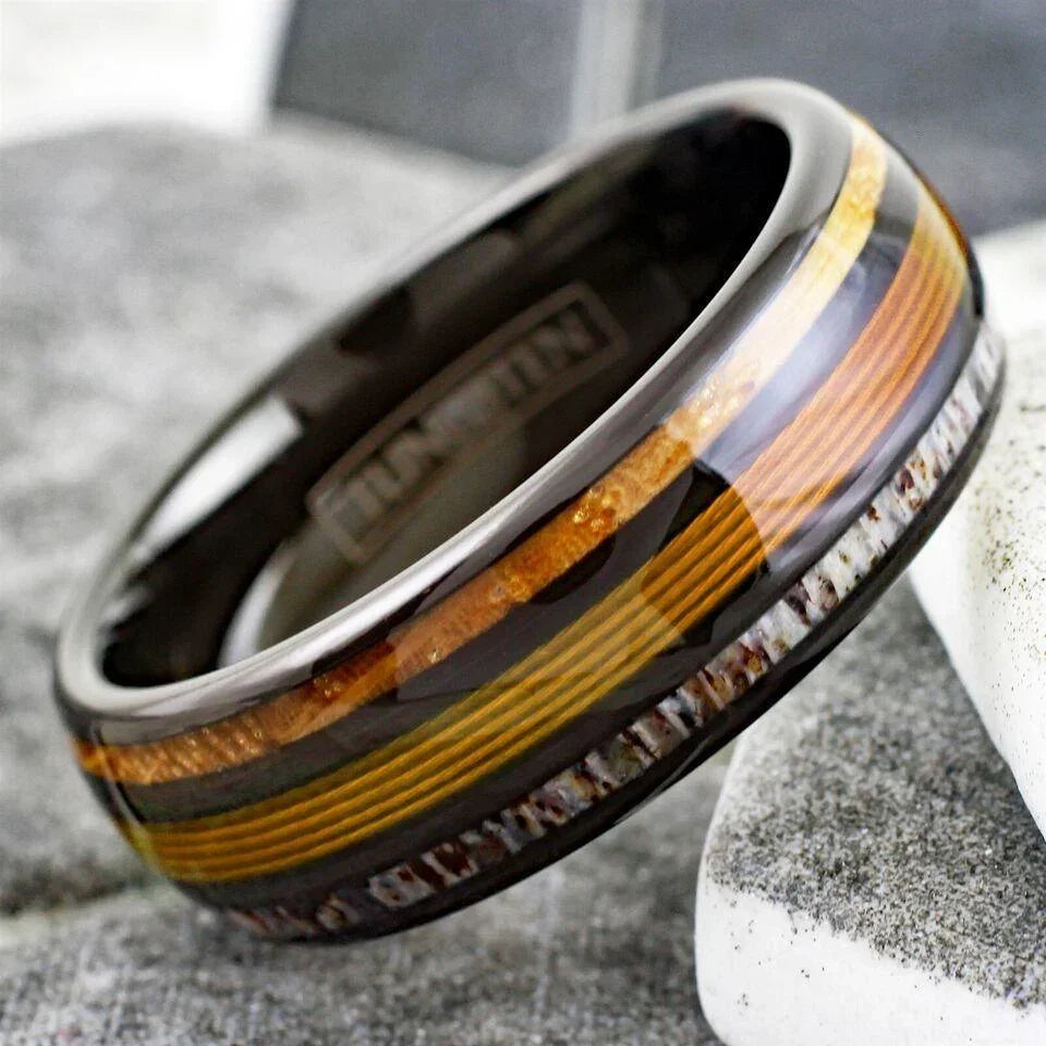 Men's Wedding Band Rings - Black Gold Fishing Line Whiskey Barrel Deer Antler - Wedding Rings for Men and Women - Jewelry Store by Erik Rayo