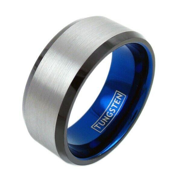 Men's Wedding Band Ring 10mm Silver Brushed Center Blue Inner - Wedding Rings for Men and Women