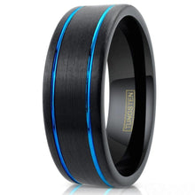 Load image into Gallery viewer, Men&#39;s Wedding Band 6mm Brushed Black with Dual Thin Blue Line Stripes - Rings for Men and Women
