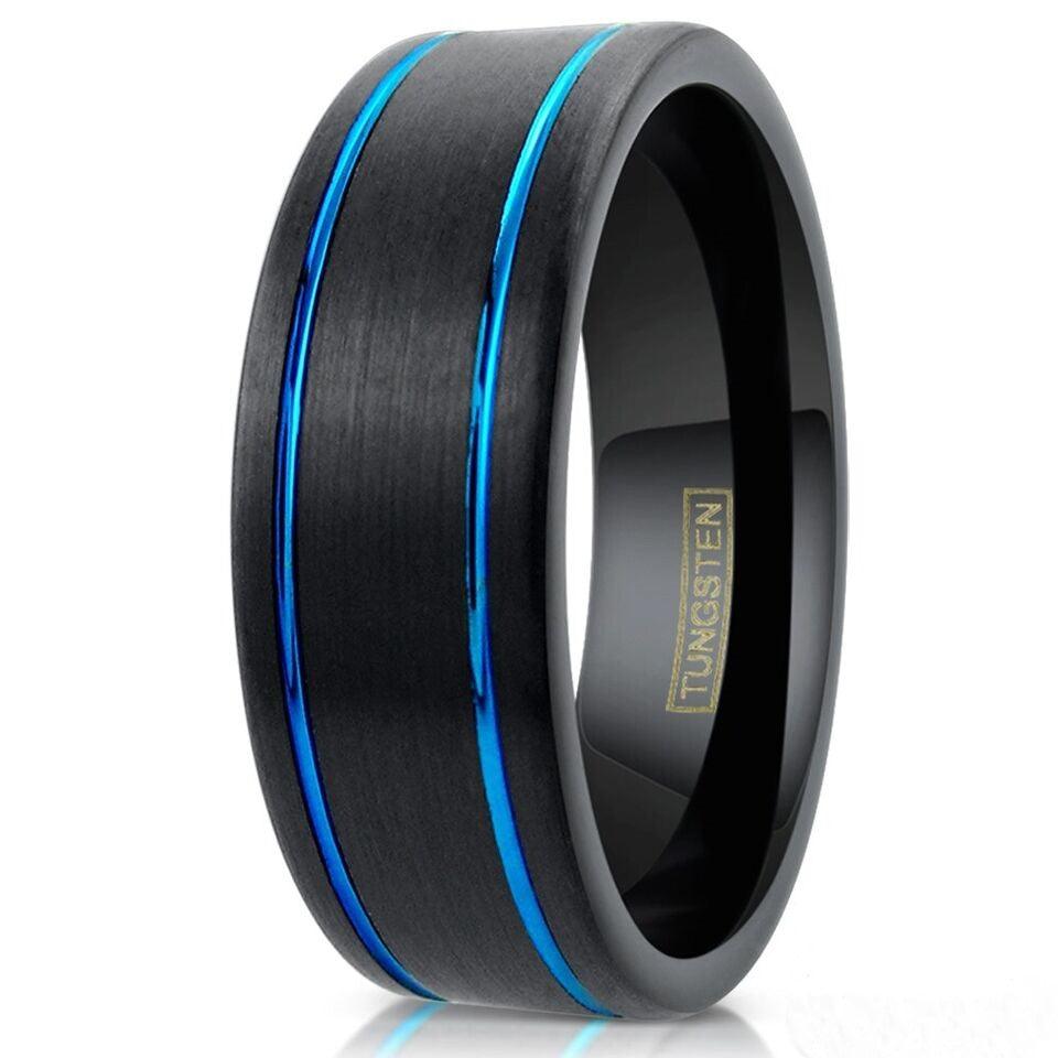 Men's Wedding Band 6mm Brushed Black with Dual Thin Blue Line Stripes - Rings for Men and Women