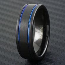 Load image into Gallery viewer, Men&#39;s Wedding Band - Brushed Black Ring with Dual Thin Blue Line Stripes - Wedding Rings for Men and Women
