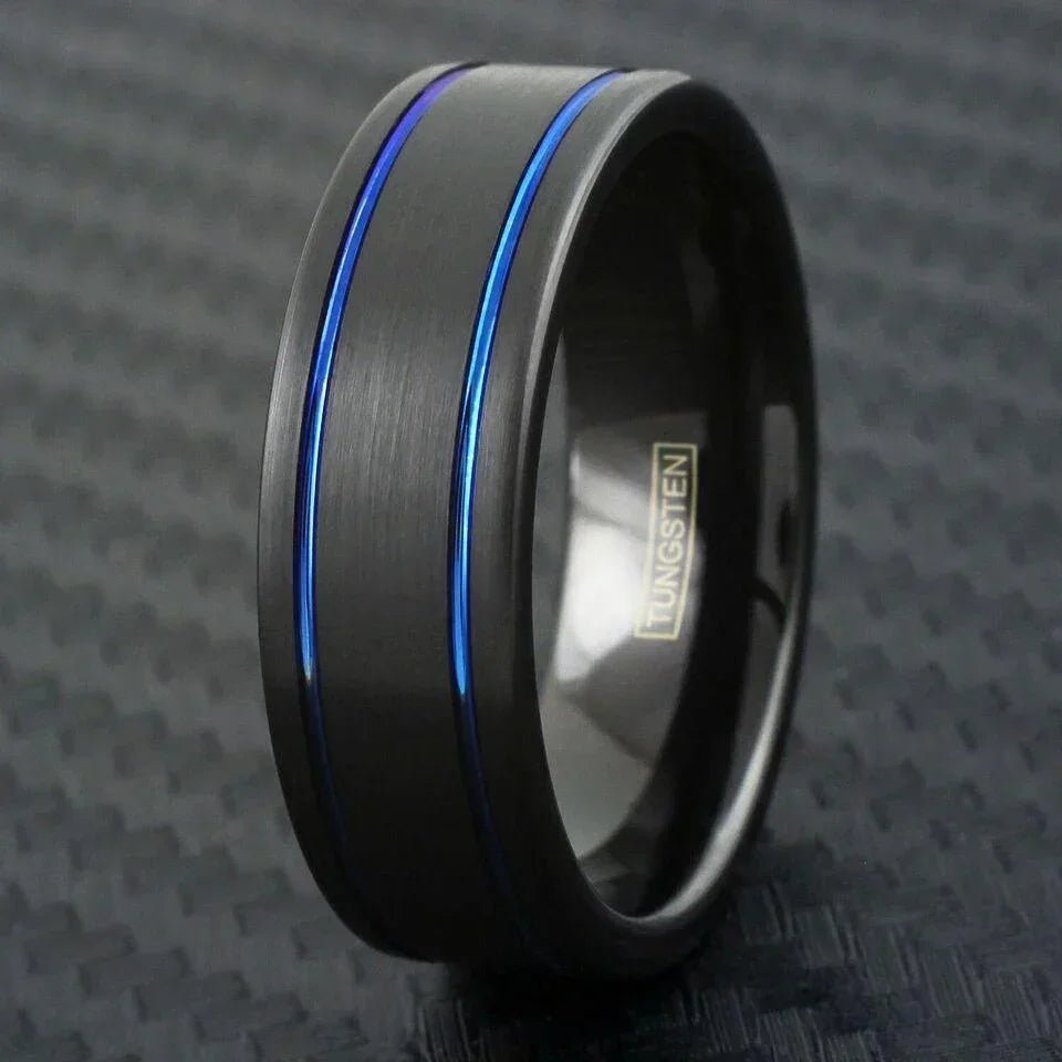 6mm Brushed Black Tungsten Carbide Wedding Band Ring for Men & Women – Dual Thin Blue Line Stripes Design - Jewelry Store by Erik Rayo