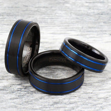 Load image into Gallery viewer, Men&#39;s Wedding Band - Brushed Black Ring with Dual Thin Blue Line Stripes - Wedding Rings for Men and Women
