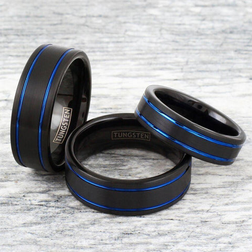 6mm Brushed Black Tungsten Carbide Wedding Band Ring for Men & Women – Dual Thin Blue Line Stripes Design - Jewelry Store by Erik Rayo