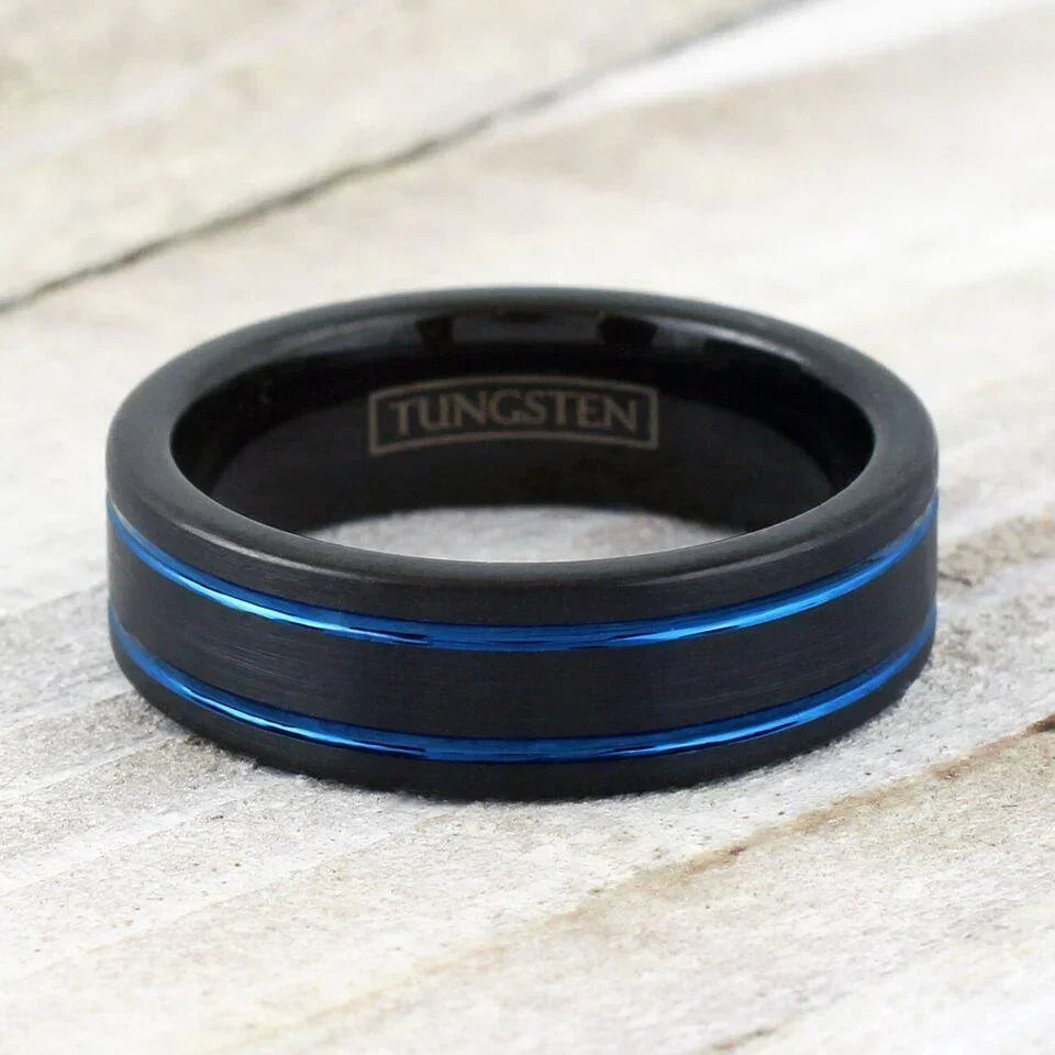 6mm Brushed Black Tungsten Carbide Wedding Band Ring for Men & Women – Dual Thin Blue Line Stripes Design - Jewelry Store by Erik Rayo