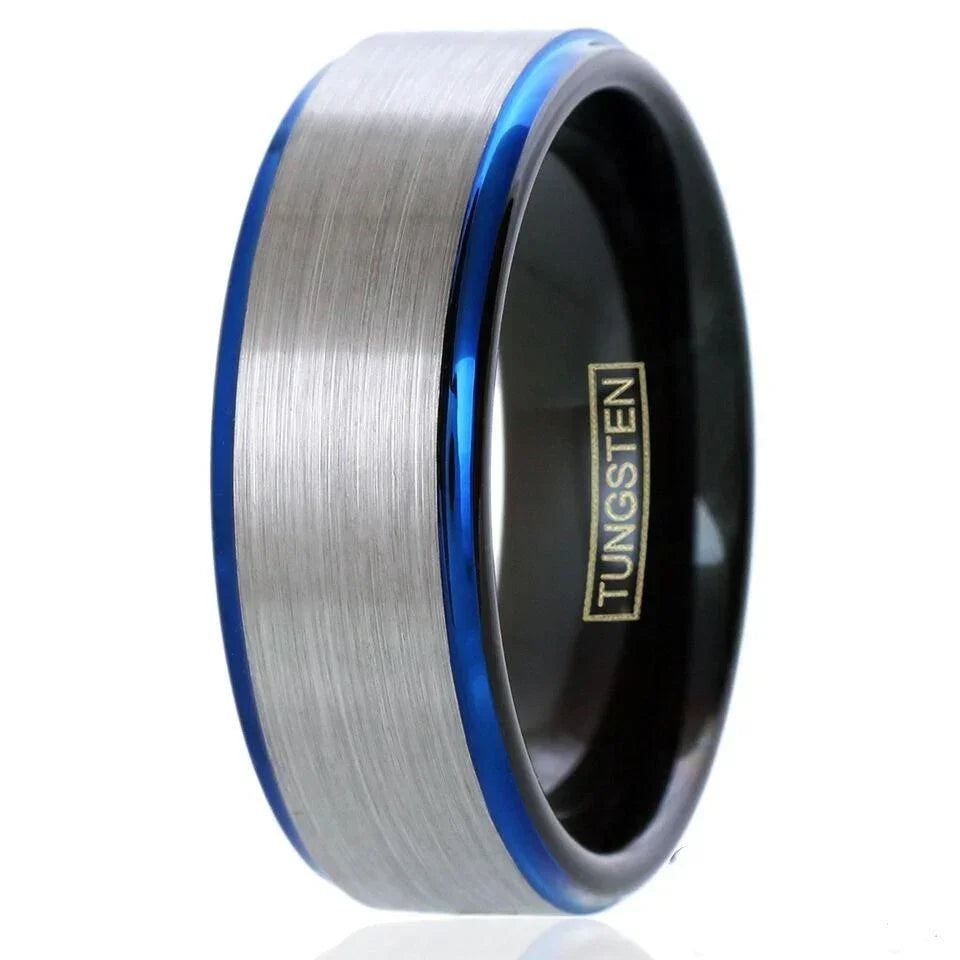 6mm Silver Tungsten Carbide Wedding Band Ring for Men & Women – Blue Edge & Black Inside Stripe Design - Jewelry Store by Erik Rayo