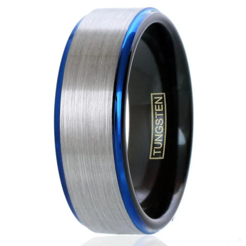 6mm Silver Tungsten Carbide Wedding Band Ring for Men & Women – Blue Edge & Black Inside Stripe Design - Jewelry Store by Erik Rayo