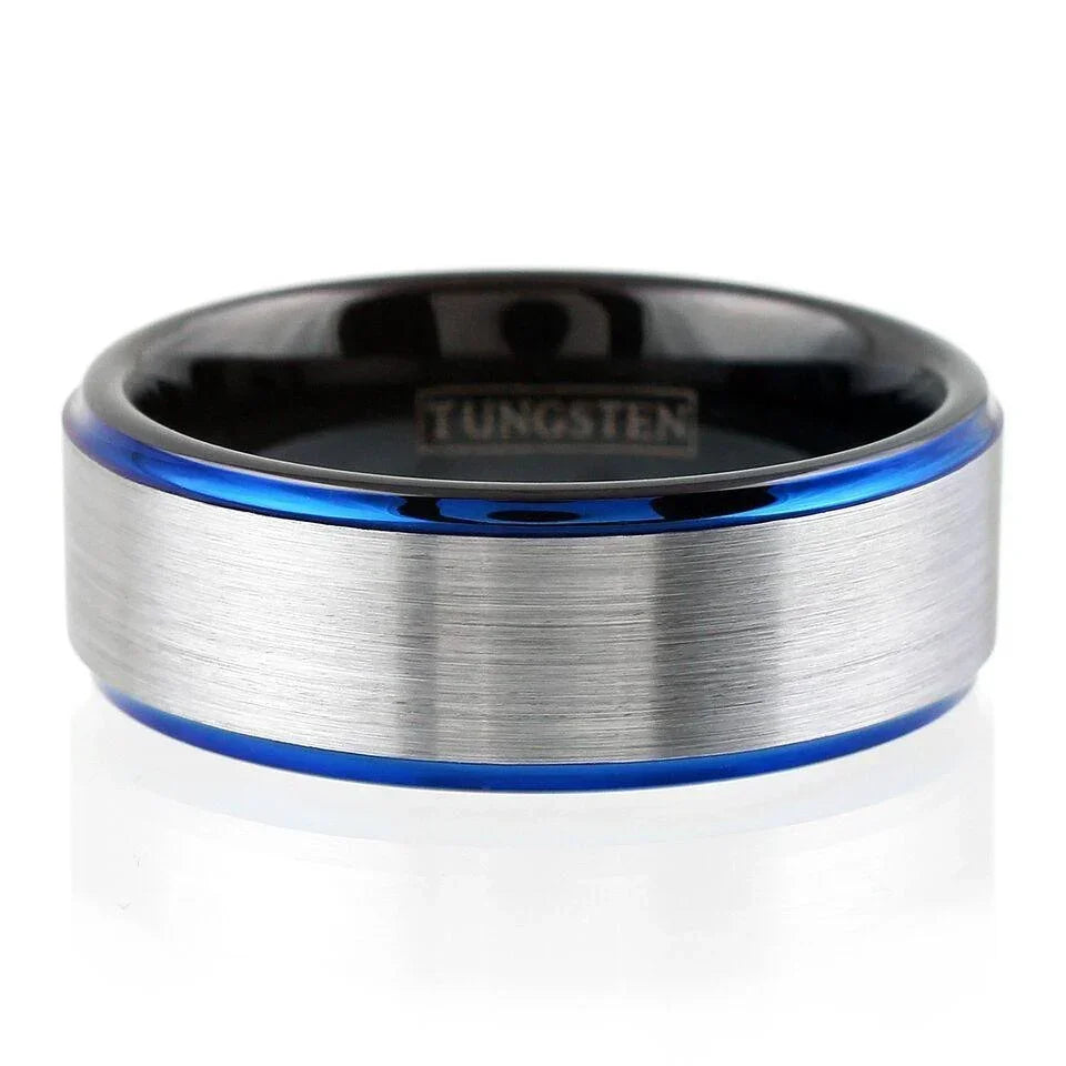 6mm Silver Tungsten Carbide Wedding Band Ring for Men & Women – Blue Edge & Black Inside Stripe Design - Jewelry Store by Erik Rayo