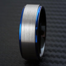 Load image into Gallery viewer, Men&#39;s Wedding Band Ring - Silver Stripe, Blue Edge, Black Inside - Wedding Rings for Men and Women
