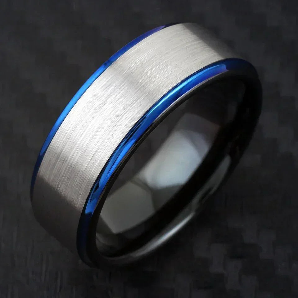 6mm Silver Tungsten Carbide Wedding Band Ring for Men & Women – Blue Edge & Black Inside Stripe Design - Jewelry Store by Erik Rayo