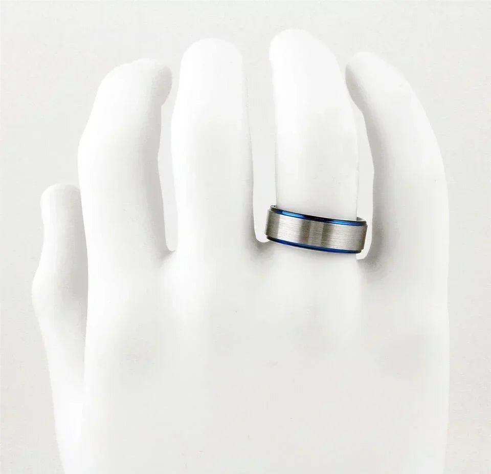 Men's Wedding Band Ring - Silver Stripe, Blue Edge, Black Inside - Wedding Rings for Men and Women - Jewelry Store by Erik Rayo