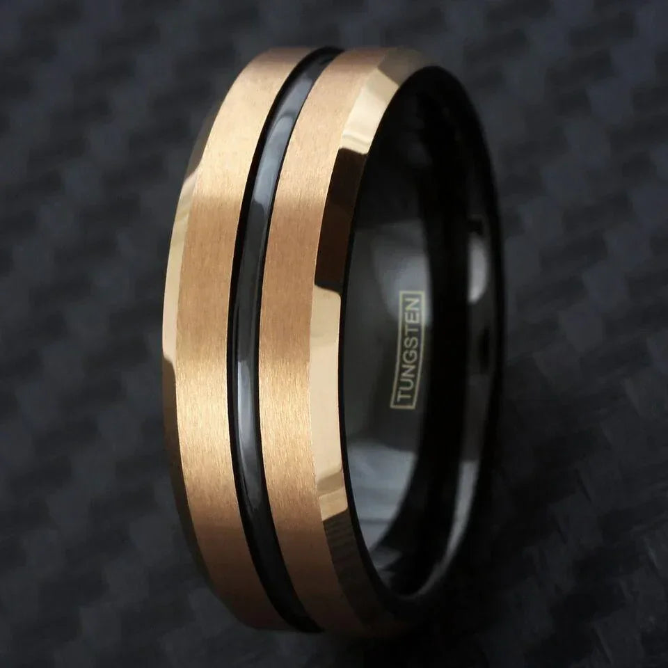 Men's Wedding Band Ring - Brushed Rose Gold Plated with Black Stripe - Wedding Rings for Men and Women - Jewelry Store by Erik Rayo