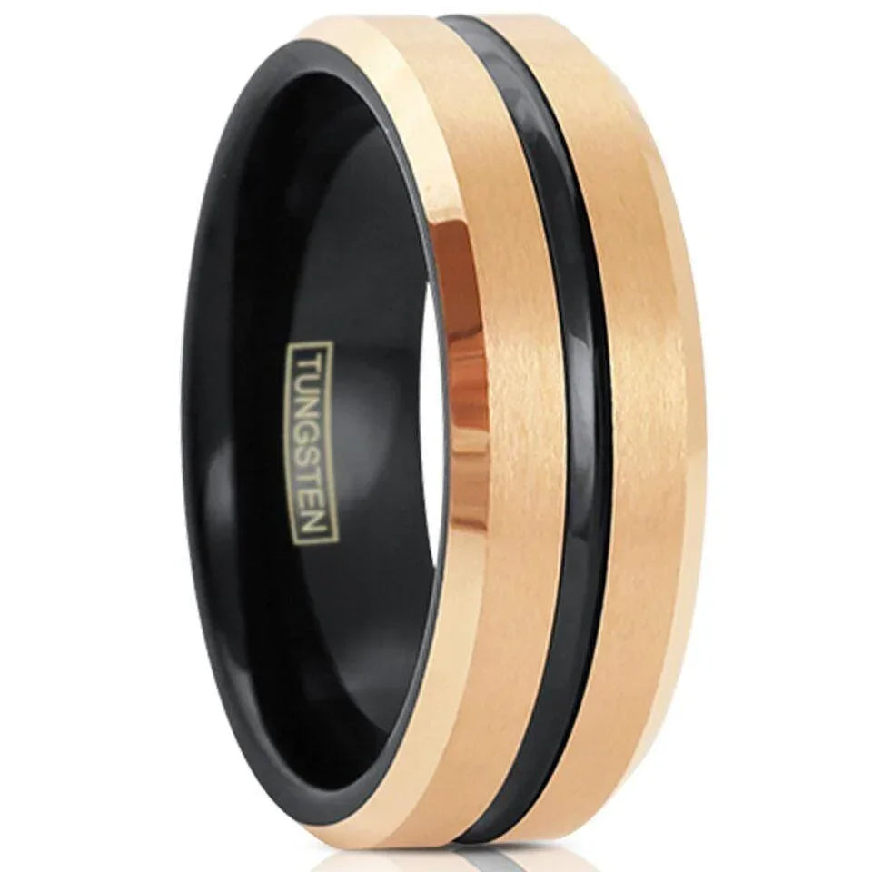 6mm Brushed Rose Gold Plated Tungsten Carbide Wedding Band Ring for Men & Women – Black Stripe Design - Jewelry Store by Erik Rayo